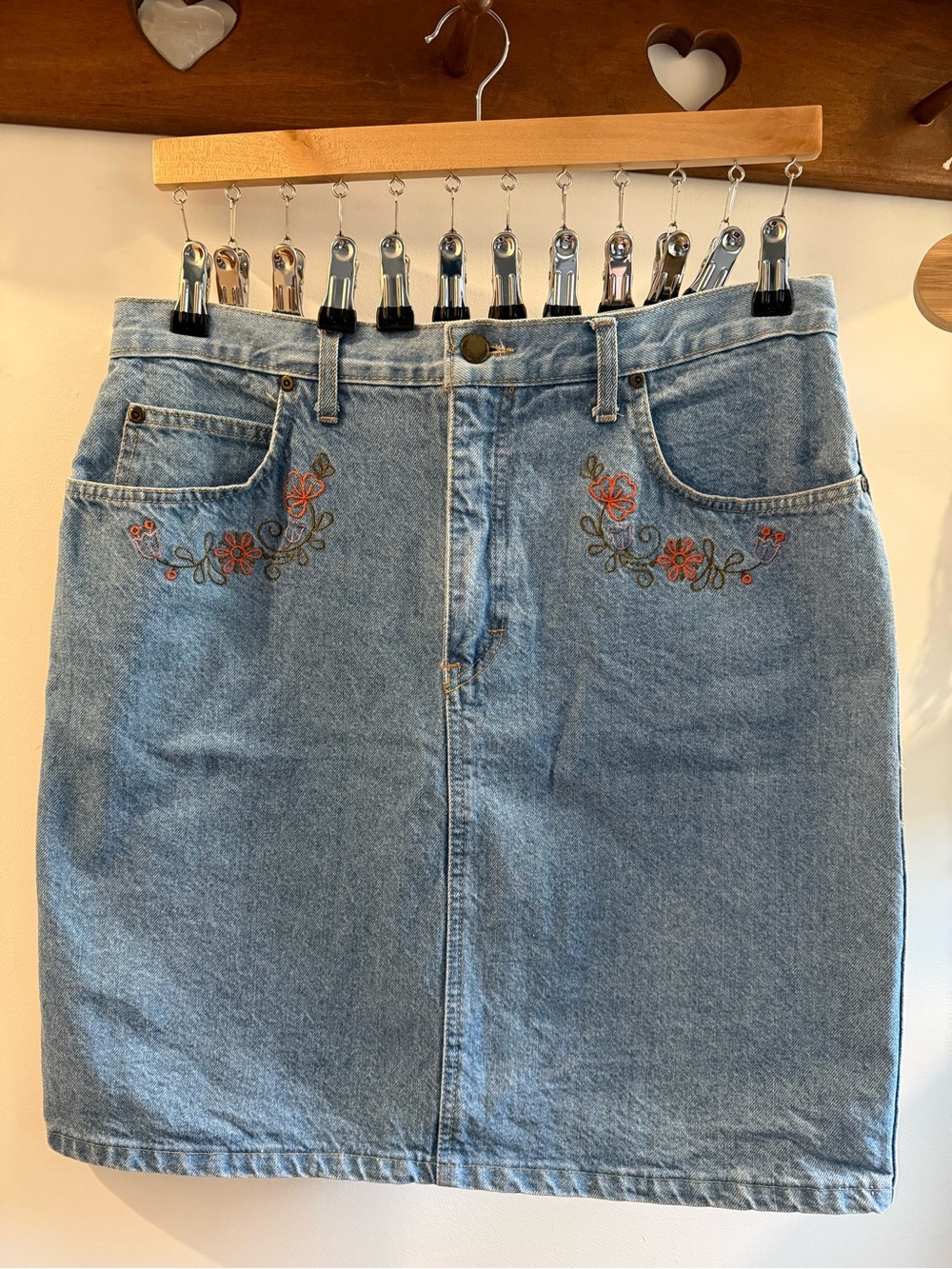 Vintage Denim Skirt with Floral Embroidery